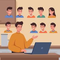Young man conferencing with diverse colleagues in flat style digital remote work illustration vector