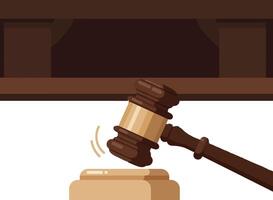 Wooden judge gavel striking block with courtroom bench background flat design illustration vector