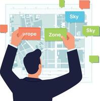 Man Planning Urban Space with Colorful Sticky Notes on Architectural Blueprint Illustration vector
