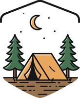 Camping tent between two pine trees under crescent moon with stars minimal flat art vector