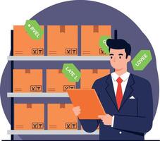 Man in business suit checking inventory with clipboard in warehouse flat design illustration vector