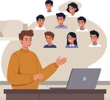 Man in orange sweater conferencing with diverse group of people minimal flat illustration vector