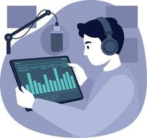 Young man analyzing audio data with headphones and microphone in minimal flat style illustration vector