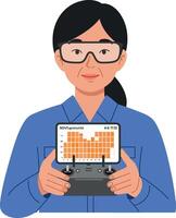 Woman wearing glasses holding remote controller with digital display in flat minimal illustration vector