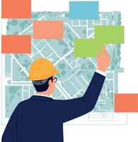 Construction engineer planning project on city map with colorful sticky notes illustration vector