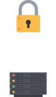 Yellow padlock icon above stacked black server units in flat minimal digital security illustration vector