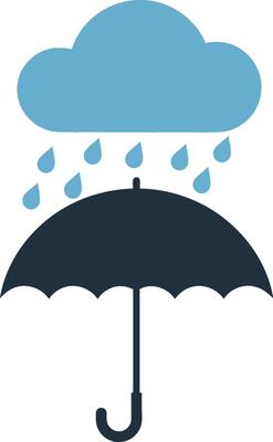 Black umbrella under blue rain cloud with raindrops minimal flat illustration