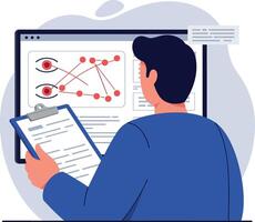 Man analyzing eye tracking data on digital screen with clipboard flat design illustration vector