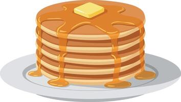 Stack of golden pancakes with melting butter and dripping syrup on white plate flat style illustration vector