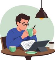 Young man drinking coffee while working with tablet digital drawing flat design illustration vector