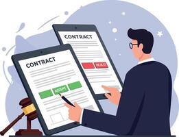 Businessman reviewing digital contract documents with accept and reject options flat style illustration vector