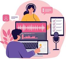 Two people recording and editing audio in minimal flat design with computer laptop microphone and checklist illustration vector