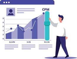 Businessman analyzing rising data chart with purple bar graphs flat design illustration vector