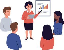 Group of diverse professionals in casual attire discussing bar chart presentation flat design illustration vector