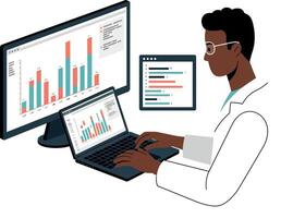 Male data analyst working on laptop and desktop with colorful charts flat design illustration vector
