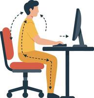 Man sitting at desk with computer demonstrating ergonomic posture in flat design illustration vector