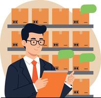 Man in suit holding clipboard checking inventory with cardboard boxes in warehouse flat design illustration vector