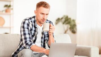Freelance Concept. Portrait of focused man working in living room, sitting on couch, looking at personal computer. Teleworking. Guy typing on keyboard, doing remote project at home office, copy space photo
