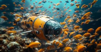 A sophisticated robot submarine navigates the depths of the ocean, surrounded by vibrant schools of fish. This exploration highlights the marvels of underwater ecosystems and technology. photo