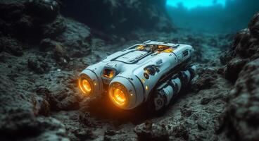 A robot submarine explores the ocean floor, capturing data and images in the deep. Equipped with lights, it navigates rugged terrain while contributing to underwater research and discovery efforts. photo