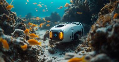 An underwater robot navigates the ocean floor, exploring vibrant coral formations and surrounded by schools of colorful fish. photo