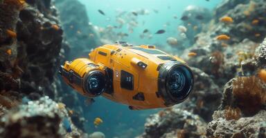 Exploration delves into deep ocean surroundings as a state-of-the-art submarine robot navigates through colorful coral reefs and diverse marine life, uncovering secrets of underwater ecosystems. photo