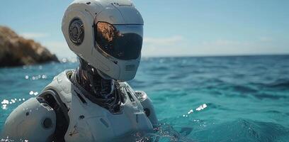 A sleek diving robot emerges from the tranquil ocean surface, showcasing its advanced design for deep sea exploration. The sunlight gleams off its metallic surface as it navigates the water. photo