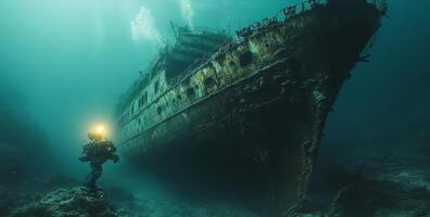A robotic submarine is conducting an exploration of an ancient shipwreck submerged in deep ocean waters. The submarine illuminates the ruins while revealing fascinating details of maritime history. photo