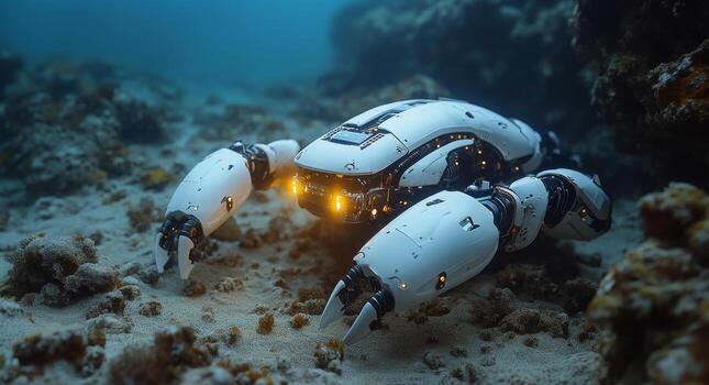 A sophisticated underwater robot navigates the ocean floor, exploring marine life and hidden formations. Equipped with advanced technology, it enhances our understanding of deep-sea ecosystems. photo