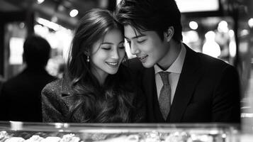 Two people share a joyful connection as they gaze at an array of pastries in a lively bakery, illuminated by warm light in the evening. Their smiles reflect happiness and intimacy. photo