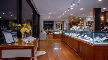 Luxurious jewelry showroom features an array of elegant pieces displayed under warm lighting. Glass cases and wooden furnishings create an inviting atmosphere for shoppers in the city. photo