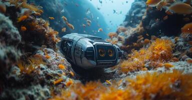 An advanced robotic submarine navigates through vibrant coral reefs at great ocean depths. The submarine surveys underwater life while capturing data for marine research and exploration. photo