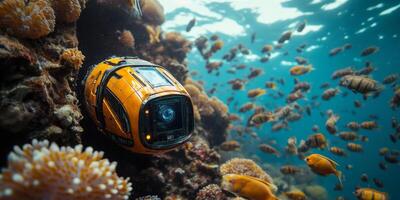 An advanced robot navigates through the colorful corals, capturing the rich marine life. This deep-sea exploration takes place in a thriving underwater ecosystem filled with diverse fish. photo