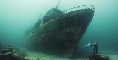 A robotic submarine explores the remains of a shipwreck resting beneath ocean waters. The diver illuminates the vessel's structure, revealing the mysteries of underwater exploration. photo