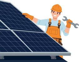 Solar panel technician working on renewable energy installation with wrench equipment vector