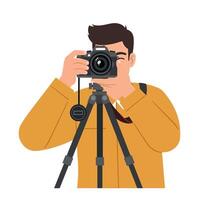 Photographer capturing image with camera on tripod in yellow jacket illustration vector
