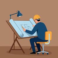 Architect working on blueprint design with desk lamp and safety helmet illustration vector