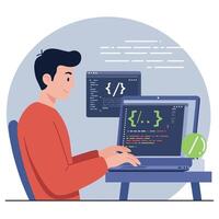 Young programmer coding on laptop with code windows in modern workspace illustration vector