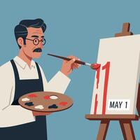 Male painter creating red art on canvas with easel in blue background illustration vector