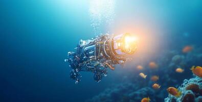 An advanced submarine robot navigates the deep ocean waters, equipped with cutting-edge technology for exploration. Fascinating marine life flutters by as it descends into the blue abyss. photo