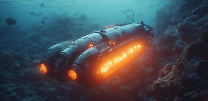 A robotic submarine navigates the dark depths of the ocean, equipped with bright lights illuminating the surrounding aquatic environment. photo