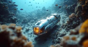 Cutting-edge robotic submarine navigates deep ocean waters, exploring marine environments filled with vibrant marine life and intricate coral structures. photo