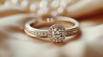 A beautiful diamond engagement ring featuring a central stone and intricate details is displayed on soft satin fabric, surrounded by elegant pearl accents creating a luxurious ambiance. photo