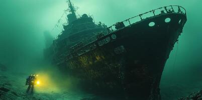 A sophisticated diving robot investigates a mysterious shipwreck lying at the ocean's depth. The underwater explorer emits a bright light, illuminating the rusted remains of the vessel. photo