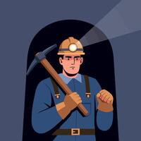 Miner with helmet and pickaxe working underground in dark mine illustration vector