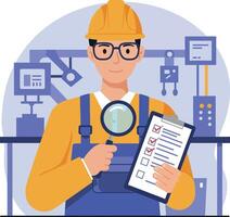Factory worker in hard hat with magnifying glass and checklist in manufacturing setting illustration vector