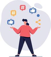 Social media user with colorful icons of likes and shares in flat illustration vector