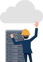 Male engineer wearing yellow helmet working with cloud computing servers in flat minimal illustration vector
