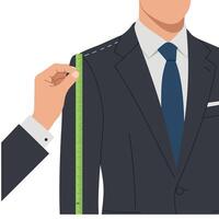 Man in black suit getting shoulder measurement with green tape for custom tailoring illustration vector