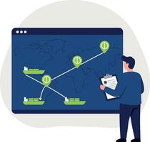 Businessman analyzing global shipping routes on digital map flat design illustration vector